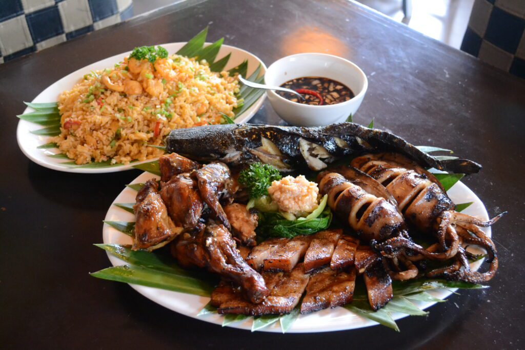 sinugba platter and seafood aligue rice at Asya Restaurant